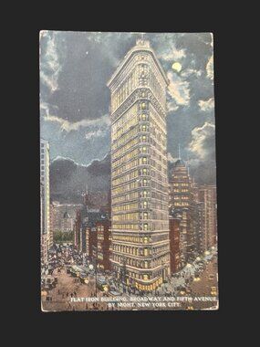 10/$25 Vintage Blank Flat Iron Building 5th Ave at Night New York City Postcard